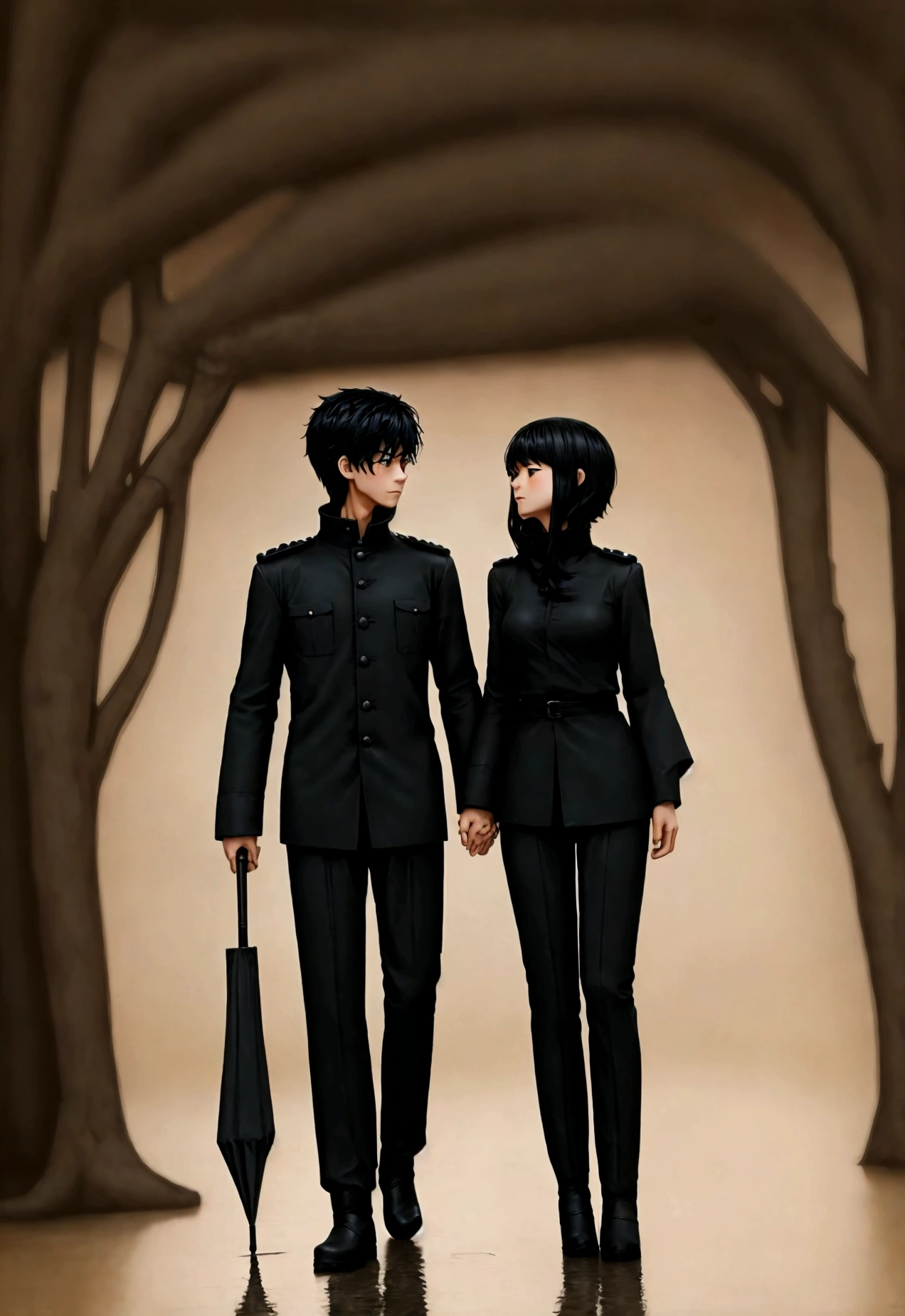 Uniform cartoon，A man wrapped in black clothes，With an umbrella，Wear rain boots，Roll up the trouser legs，Walking，Holding hands with a beautiful woman