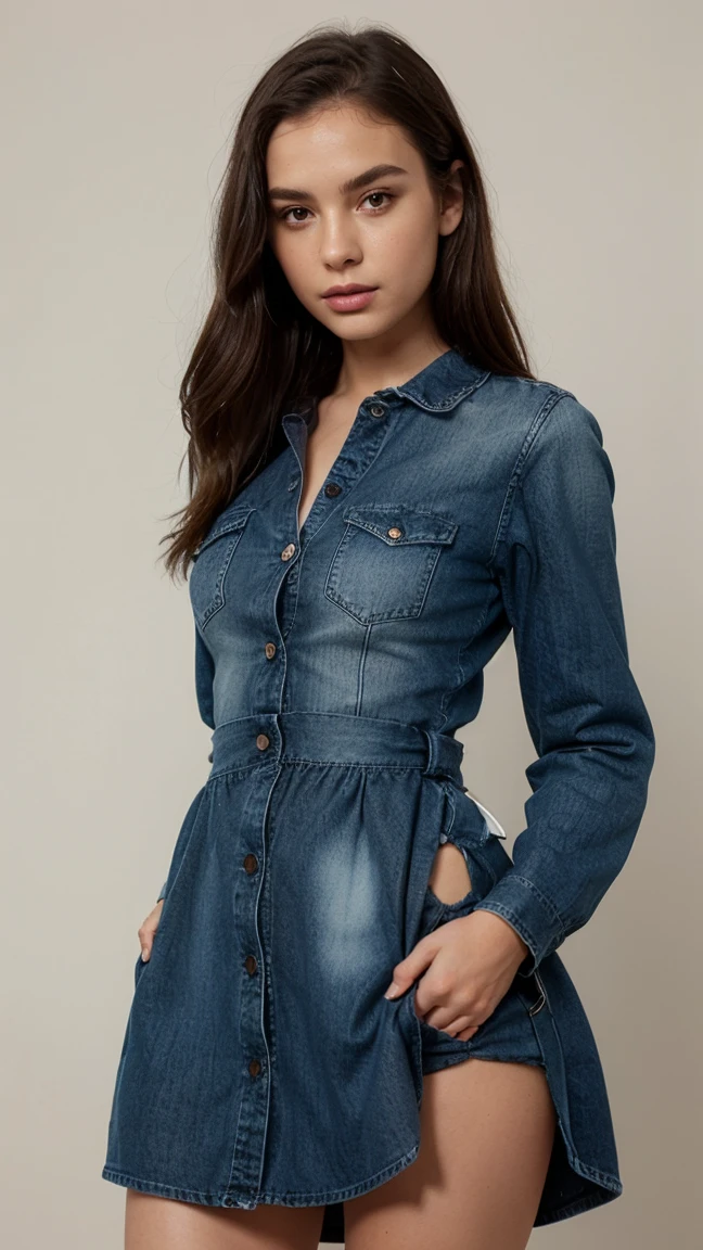 Blue jeans house mini dress, with front buttons open, blank background, 