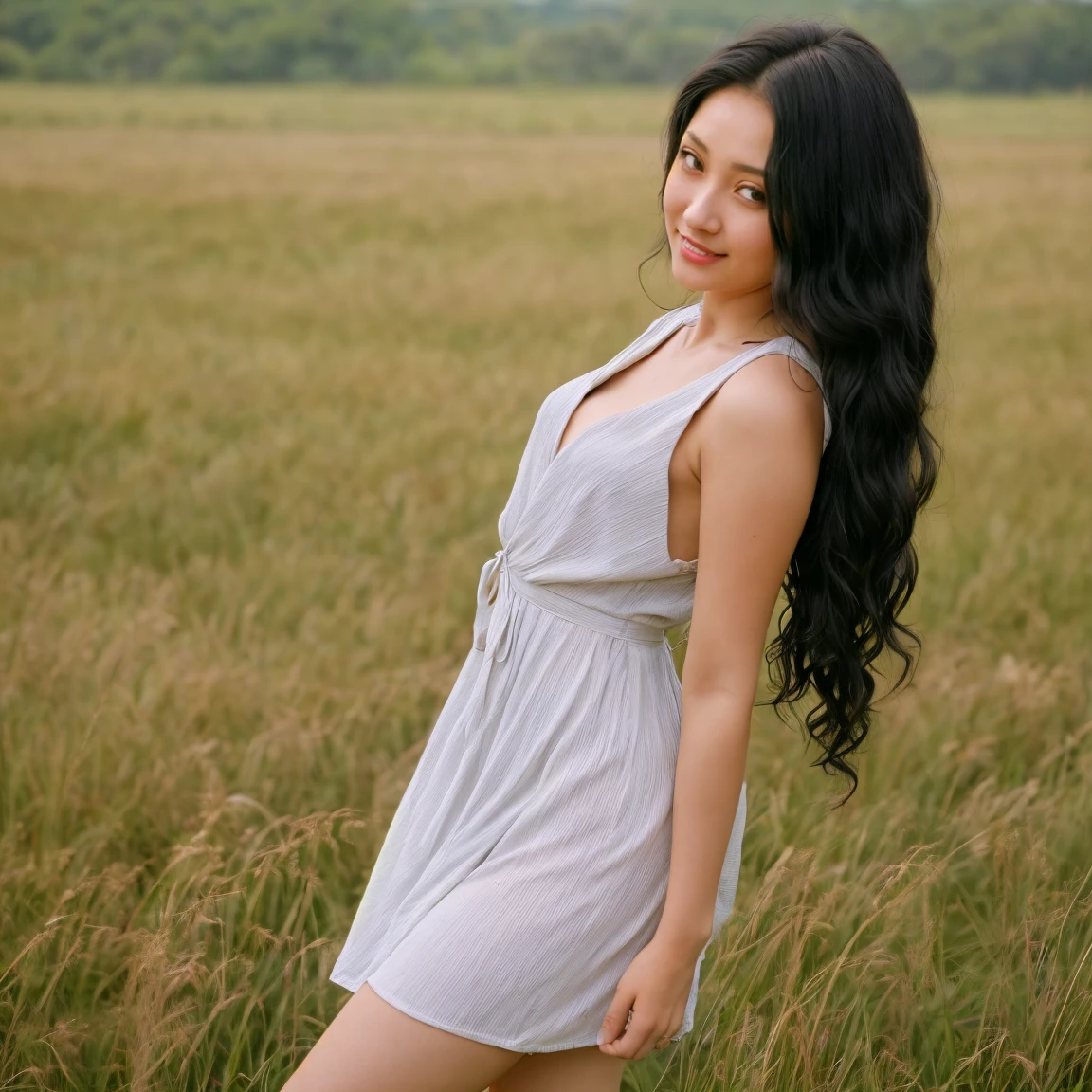 1 girl, solo, Caucasian, Young Woman, photorealistic, RAW image, (Photo of Nadine Lustre and Laura Linney combined), name is Kasumi, (((22 years old woman))), (((hazel eyes))), (((Black hair))), ((long curly hair)), (((full body))), (((Close Shot))), (((slim body))), ((wearing dress)), (at an open field), smirk, random pose
