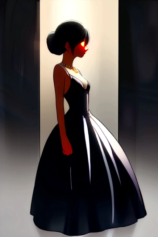Asian Woman (Black bra, panties), necklace, Small breasts, Round shaped breasts, ((she)), ((Mid Shot, whole body, Narrow waist)), Updo、 Glowing Eyes, Red nose, Carl Larson, Alphonse Mucha, Chiaroscuro, Movie Glen, reflected light, (((Long Shot))), From knee to top,Long Shotショー (((whole body))), masterpiece, Attention to detail, ((Gray background, Studio Light )), spread