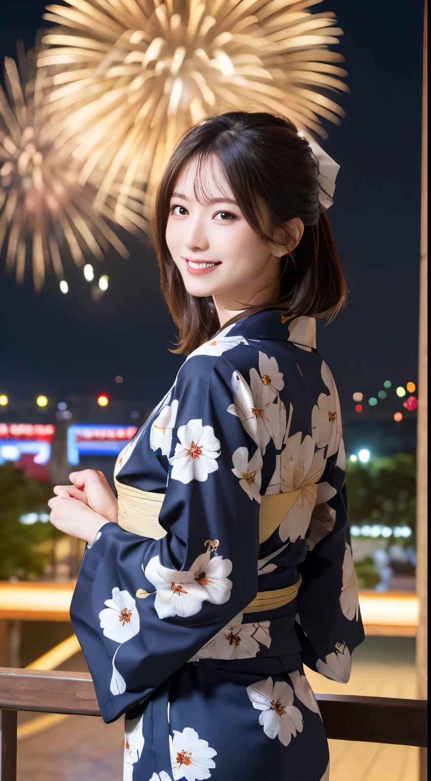 masterpiece, Highest quality, figure, Super detailed, In detail, High resolution, 8k wallpaper, Perfect dynamic composition, Beautiful attention to detail, yukata, Fireworks display, Smile