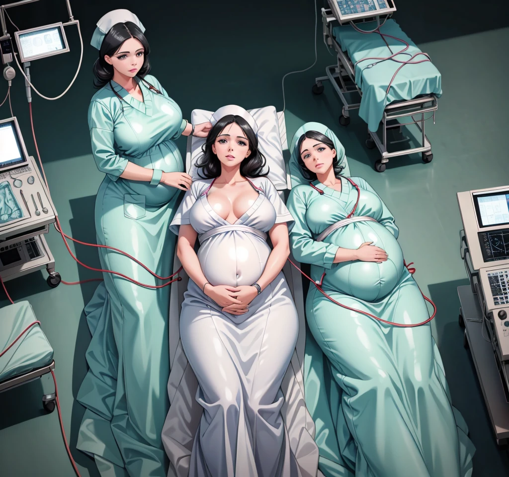(give a score of 9_give a score of 8_give a score of 7)
Masterpiece, highest quality, best quality, view from top down,
in one hospital, 1 pregnant woman,approximately 38 years old, 9 months pregnant, surgical cap, the face looked pained, frown, close your eyes, lying on the operating table, lie on your back, Lying with arms spread out, spread your arms, on the operating bed, in the operating room, a blanket covered her large breasts, another blanket covered her long slender legs, close the chest, close the legs, open belly, show all your belly, Her pregnant belly was visible,The picture explains the situation while waiting to give birth,