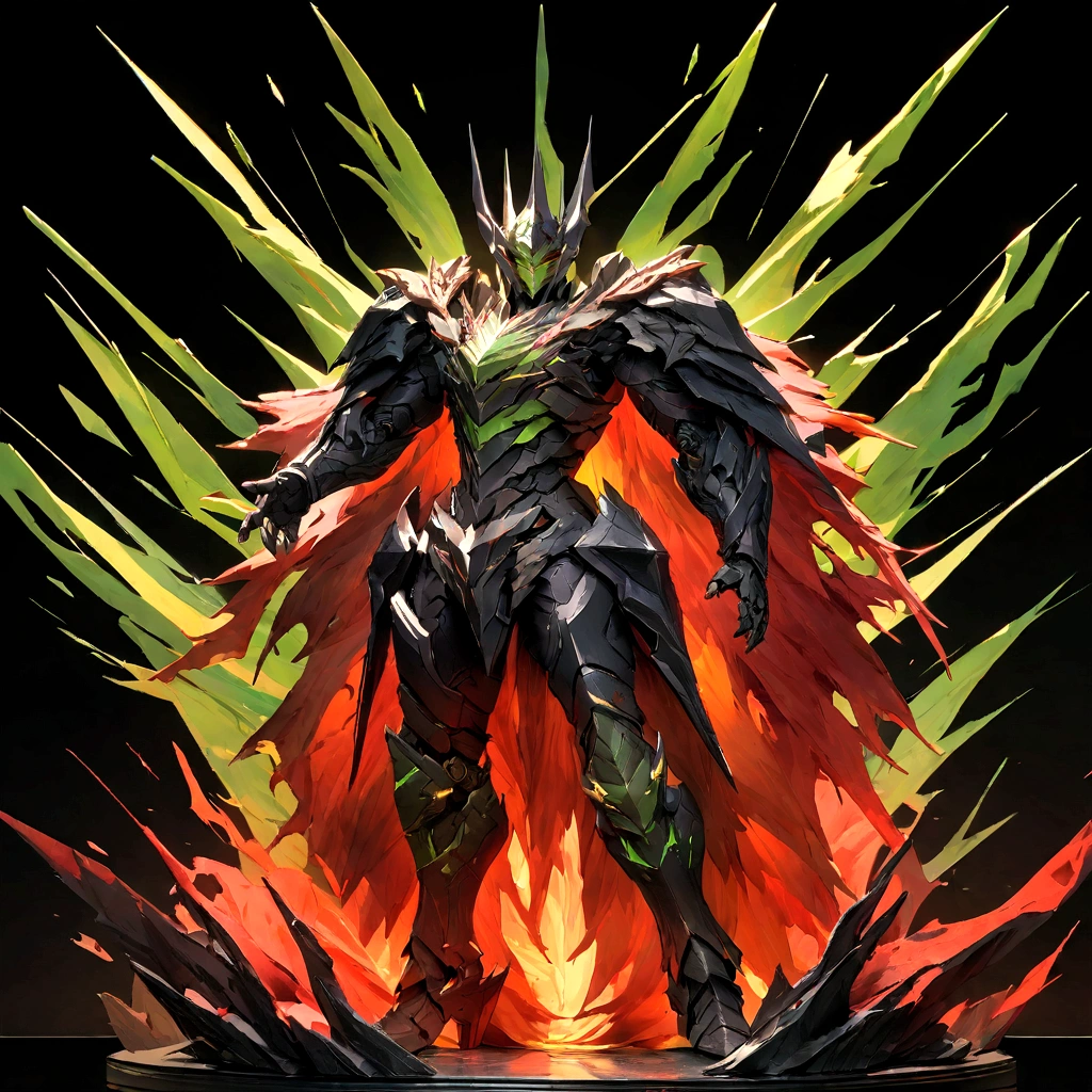 Create an impressionist painting of a dark knight transforming into cosmic ash, (looking at front) , sober, (black backdrop), ultra hd 8k, Very high quality for excellent printing. Lighting that highlights the figure in relation to the background, green colors, yellow and red, artistic, intrikate