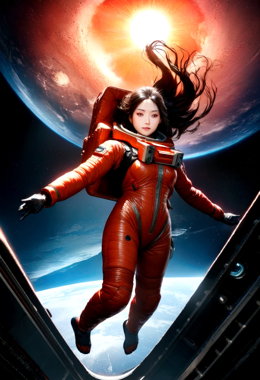Ultra-realistic full body beautiful Japanese woman, masterpiece. Beautiful cinematic, realistic character. Ultra-detailed and intricate 3D rendering, vibrant details. Woman in spacesuit without helmet, full body, hair floating in space, in zero gravity. Red dragon surrounding the woman, dragon gazing at her. Shining sun, countless sparkling stars.