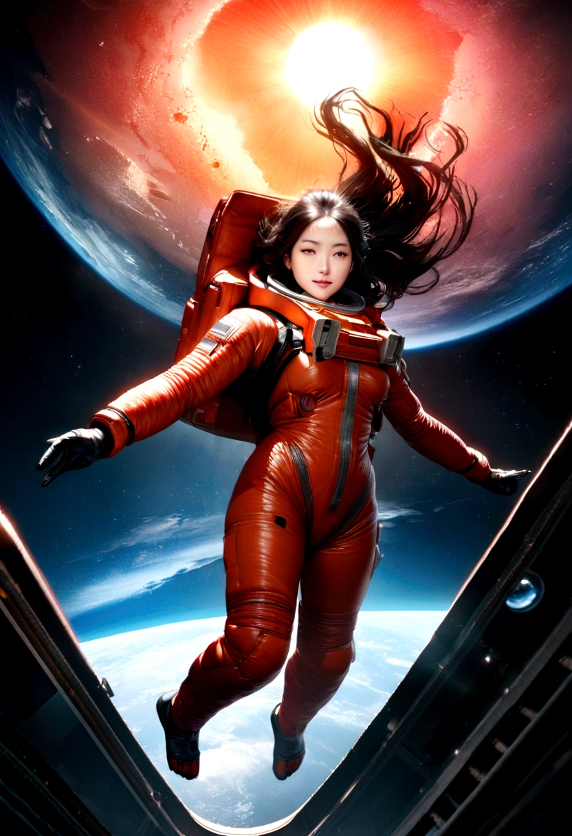 Ultra-realistic full body beautiful Japanese woman, masterpiece. Beautiful cinematic, realistic character. Ultra-detailed and intricate 3D rendering, vibrant details. Woman in spacesuit without helmet, full body, hair floating in space, in zero gravity. Red dragon surrounding the woman, dragon gazing at her. Shining sun, countless sparkling stars.
