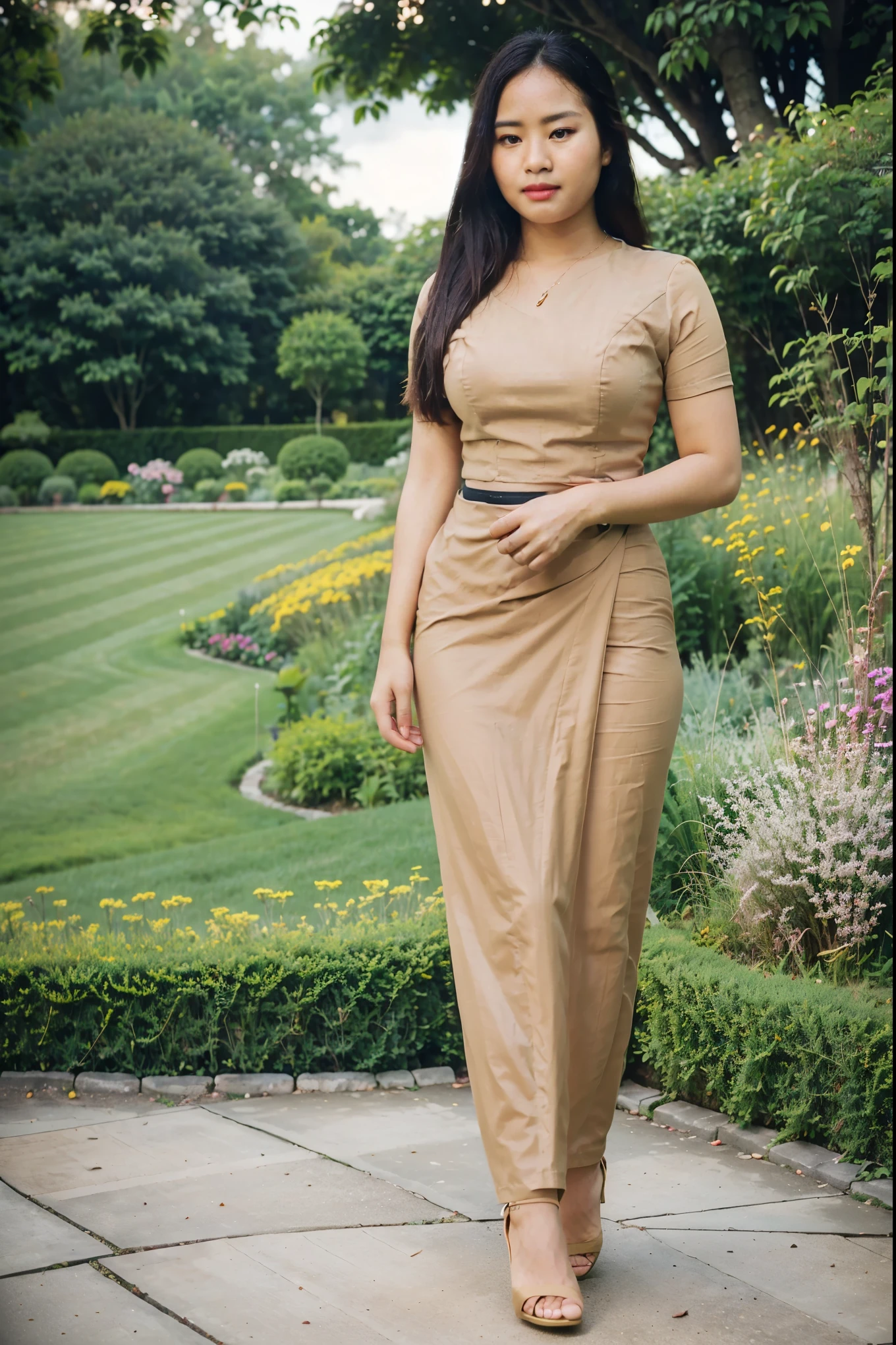 Asian woman long hair in a gold Indonesia batik long skirt and Indonesia batik black shirt, (pretty lady MoonLay), ((standing in garden park:1.5)), Beautiful Body, traditional beauty, wearing beautiful Indonesia batik clothes, Indonesia batik traditional dress, acmm ss outfit, acmm long skirt, wearing acmm top, high heel, very attractive and beautiful, with lovely look, traditional clothes, very beautiful enga style, (((full body:2))), ((front view:1.5)), (((DSLR bokeh blur background to highlight portrait view:1.5))), (((evening lighting with golden sunlight1.5))), (cinematic enhance HDR portrait lighting, perfect anatomy, cannon mark v, DSLR quality, vibrant HDR color, (perfect anatomy), (perfect toes), (realistic hand shape), (perfect hands), (detailed hands), (perfect toes), (detailed toes), (perfect high heel),