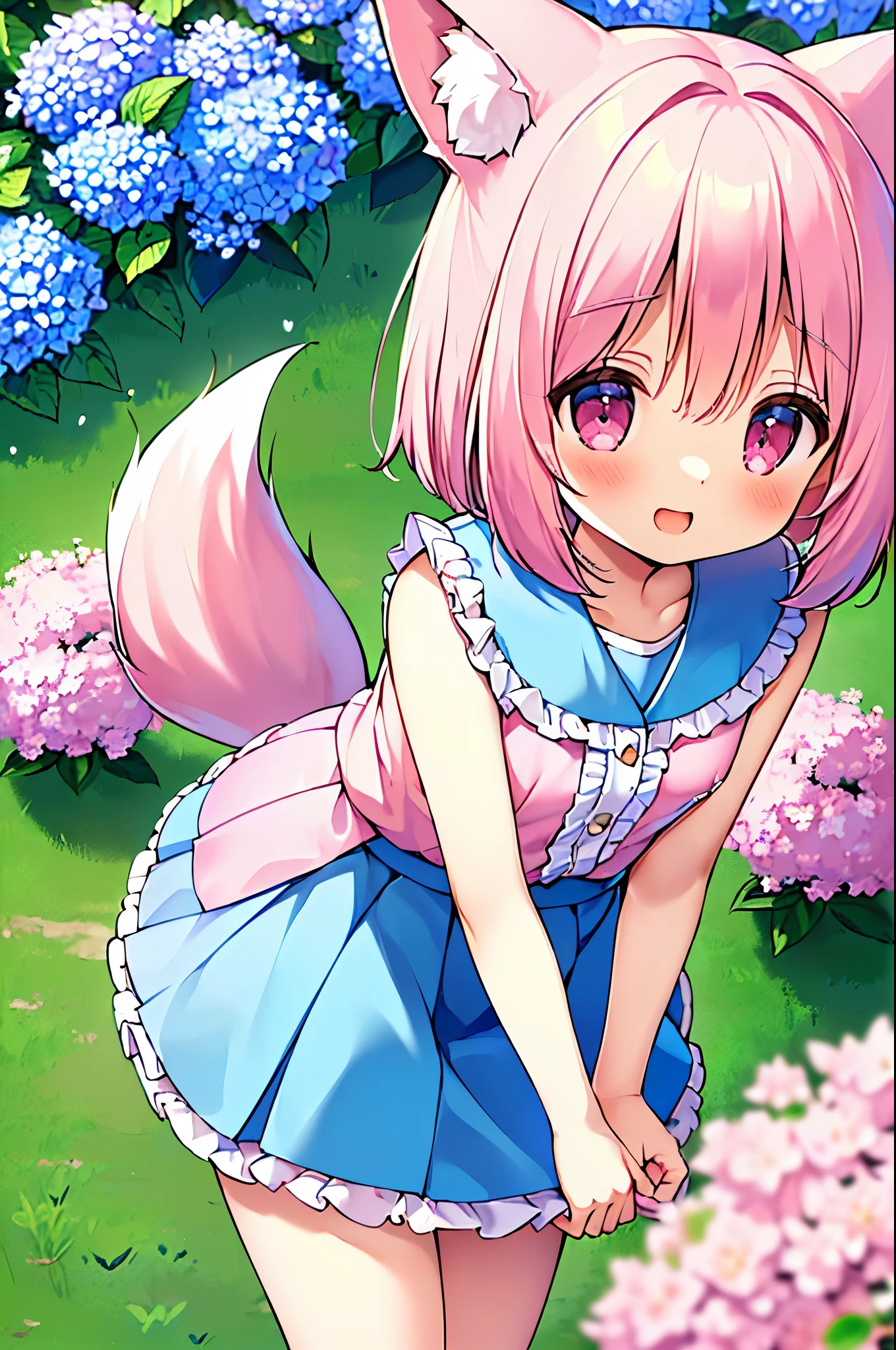 (((masterpiece))), (((最high quality))), (((high quality))), (((beautiful))), (((8K))), (((High resolution)) (((超High resolution))), (((High resolution))), (((Superb illustrations))), (Pink Short Hair:1.3), (Pink fox tail:1.4), (Pink fox tail:1.2), Pink fox ears, (Pink Eyes), (Very small breasts:1.5), (Ultra-flat chest:1.4), (Cowboy Shot:1.3), (Laughter:1.3), (Hydrangea flowers:1.3), (A cute pink blouse with frills:1.3), (Blue pleated skirt with frills:1.3), (look up:1.4), (Leaning forward:1.5), (From above:1.4)