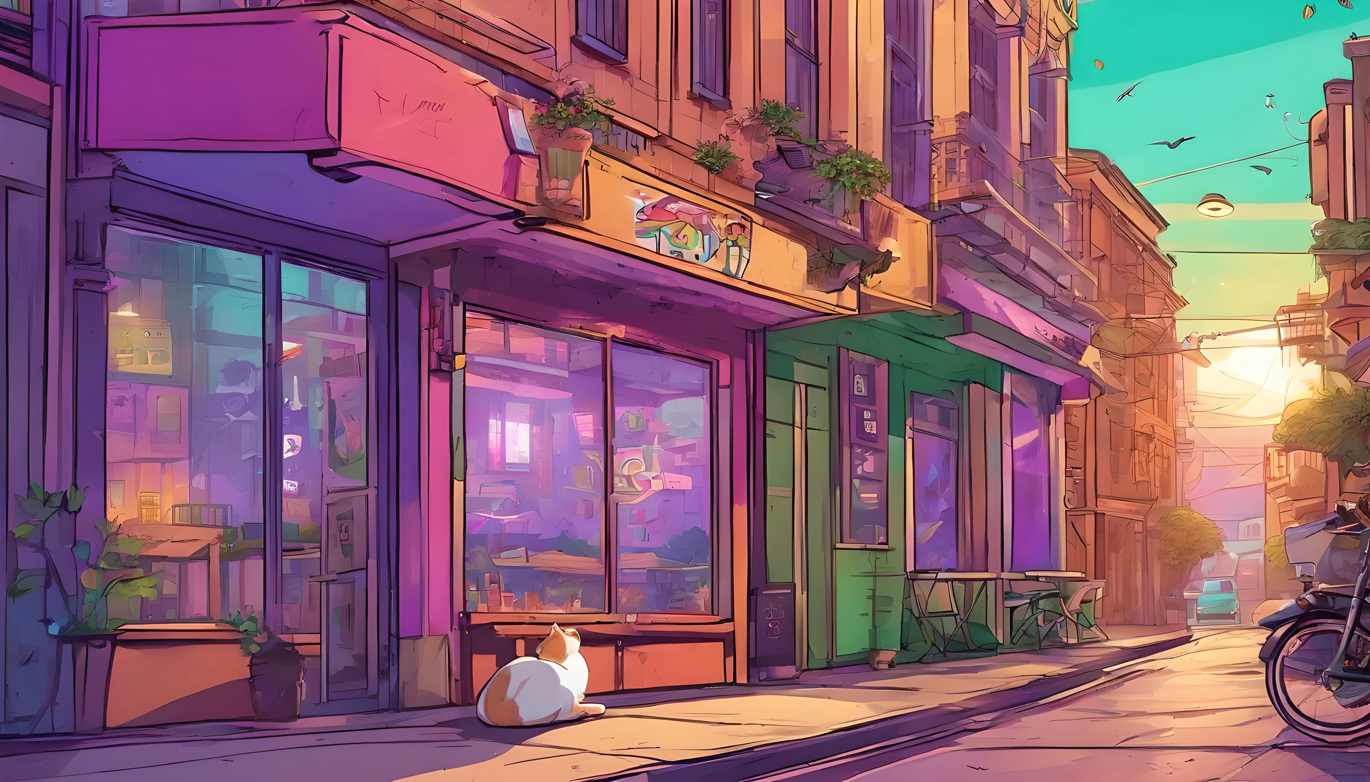 Classical coffeshop building, city street, sci-fi building background, detailed image, a little cat sleep on windows, elaborated background, dominated color green and purple, combine pastel color, sun softlight, evening after rainy days vibes, chill and cozy.