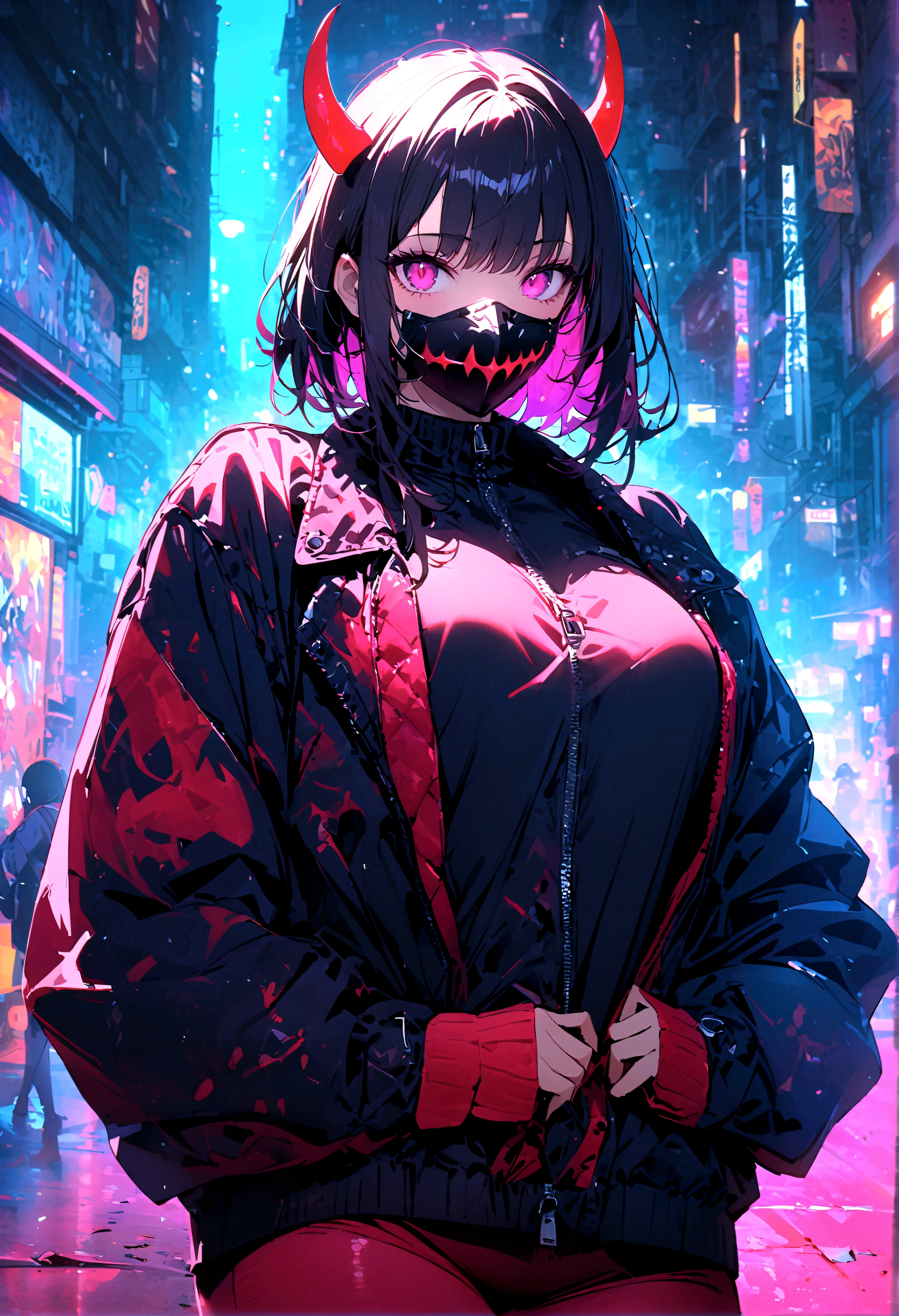 score_9、score_8_up、score_8_up、1 girl、Portrait、Depth of written boundary、born、Real、Pause、Sexy Girls、bangs、Thick thighs、Natural Breastake、Red glowing eyes、Demon Maskを着用、((Demon Mask))、((Medium Full Shot))、masterpiece、Super detailed、Wearing a Cyberpunk Samurai Jacket、Background to the vandalism