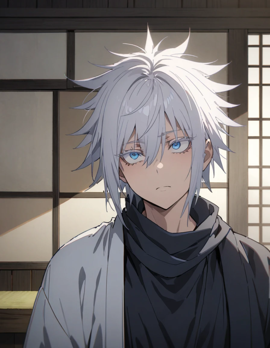 Absurd, High resolution, Super detailed, High resolution, masterpiece, Highest quality, Gojo Satoru, Gray Hair, Hair between the eyes, White eyelashes, Expressive blue eyes, alone, 1 person, good looking, JUJUTSU KAİSEN, white haori, Black kimono, Black scarf, Japanese-style room, Highly detailed face and eyes