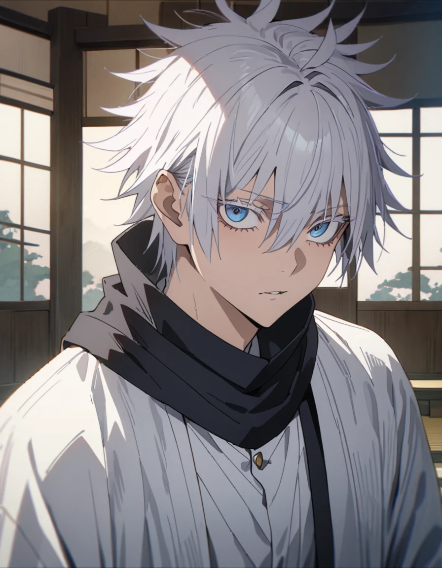 Absurd, High resolution, Super detailed, High resolution, masterpiece, Highest quality, Gojo Satoru, Gray Hair, Hair between the eyes, White eyelashes, Expressive blue eyes, alone, 1 person, good looking, JUJUTSU KAİSEN, white haori, Black kimono, Black scarf, Japanese-style room, Highly detailed face and eyes