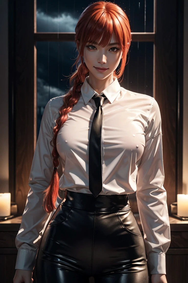 Chainsaw Man,Makima,With bangs,Red Hair,Braids at the back,Golden Eyes,White long sleeve shirt,Black tie,Black Leather Pants,Ultra HD,super high quality,masterpiece,Digital SLR,Photorealistic,Detailed details,Vivid details,Depicted in detail,A detailed face,Detailed details,Super Detail,Realistic skin texture,Anatomical basis,Perfect Anatomy,Anatomically correct hand,Anatomically correct fingers,Complex 3D rendering,Sexy pose,Rainy Sky,Beautiful scenery,Fantastic rainy sky,Picturesque,Pink Lips,smile,