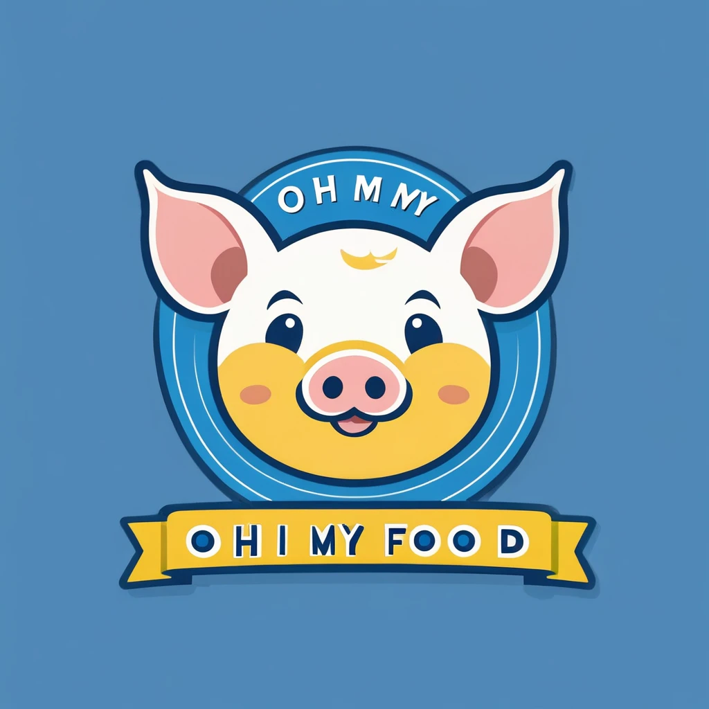 Logo design for a product category: pork, minimalist logo style, a product named Oh My food, designed to make the letter O look like a cute, fat pig's head smiling, the word Oh My in yellow and the word food in blue