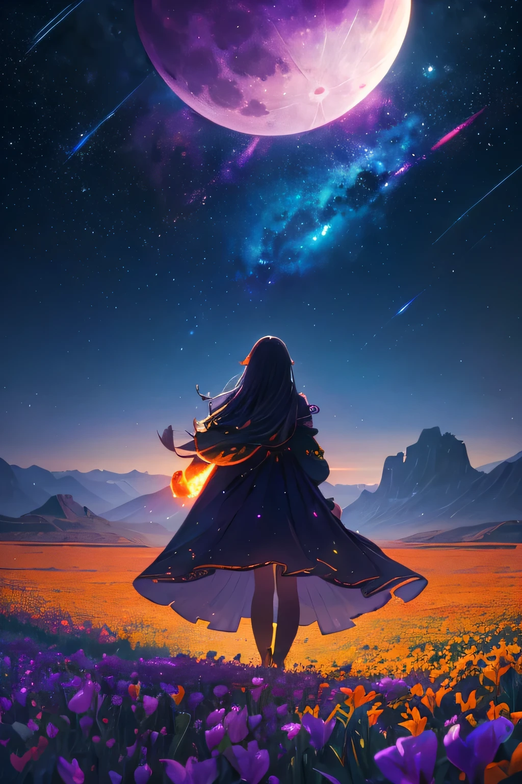 Vast landscape photography , (A view from below, with the sky above and the wide fields below), A girl standing in a flower field looking up, (full moon:1.2), ( shooting star:0.9), (nebula:1.3), Distant Mountain, Treebreak Production Art, (Warm light source:1.2), (fire Fly:1.2), lamp, Lots of purple and orange, Intricate details, Volumetric Lighting Break
(masterpiece:1.2), (Highest quality), 4K, Super detailed, (Dynamic configuration:1.4), Very detailed, Colorful details,( Rainbow colors:1.2), (Shining Lights, Atmospheric lighting), dream-like, Magic, (alone:1.2)