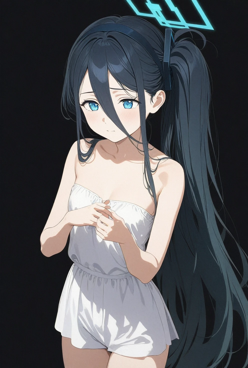 best quality, amazing quality, very aesthetic, absurdres, 1girl, aris (blue archive), blue archive, blue eyes, black hair, strapless, (artist official art:1.5), (realistic face), (narrowed eyes), (cowboy shot:2), (concept art:1.5), panties, (thigh), expressive eyes, perfect face, 4k, extremely detailed anime illustration, detailed eyes, enhanced details, perfect anatomy, light rays, photo background, extremely delicate body, smooth skin, feminine expression, (black background:1.5), cristal clear eyes, beautiful face, small breasts
