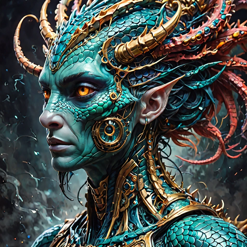 female human dragon hybrid, covered in matte scales as skin, extreme close-up, striking reptilian eyes, dragon horns, bald, braided ponytail, exudes confidence and power, sunet, rim lighting, cold colors. style of Don Lawrence, style of (Will Murai:1.2), style of (Greg Rutkowski:0.8),  