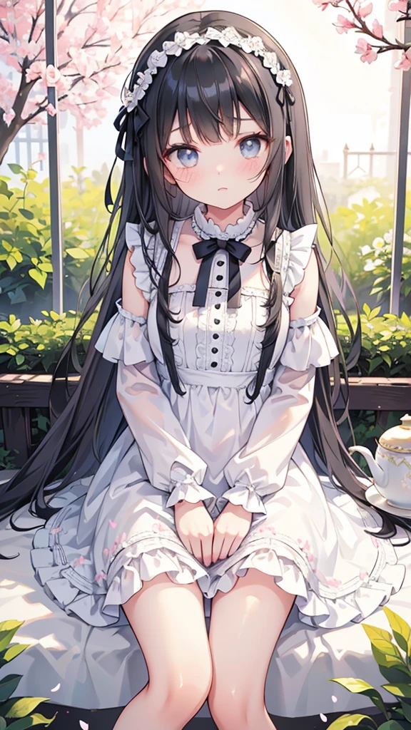 a cute young girl in a pastel frill lace dress, garden, tea party, detailed facial features, beautiful detailed eyes, beautiful detailed lips, extremely detailed face and intricate lace dress,, black hair, straight hair, silky hair, grey eyes, pouting, jealous, full body