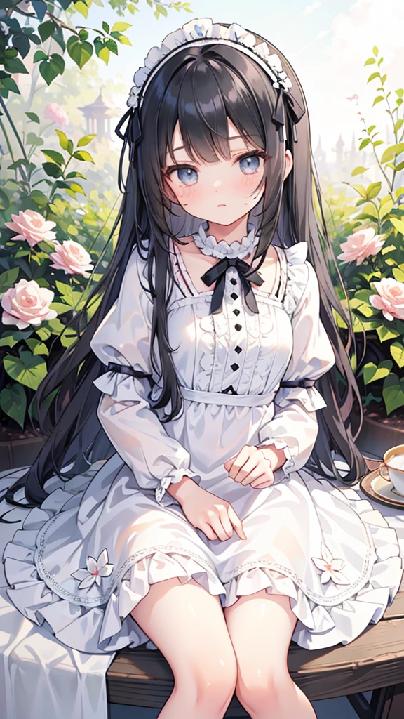 a cute young girl in a pastel frill lace dress, garden, tea party, detailed facial features, beautiful detailed eyes, beautiful detailed lips, extremely detailed face and intricate lace dress,, black hair, straight hair, silky hair, grey eyes, pouting, jealous, full body