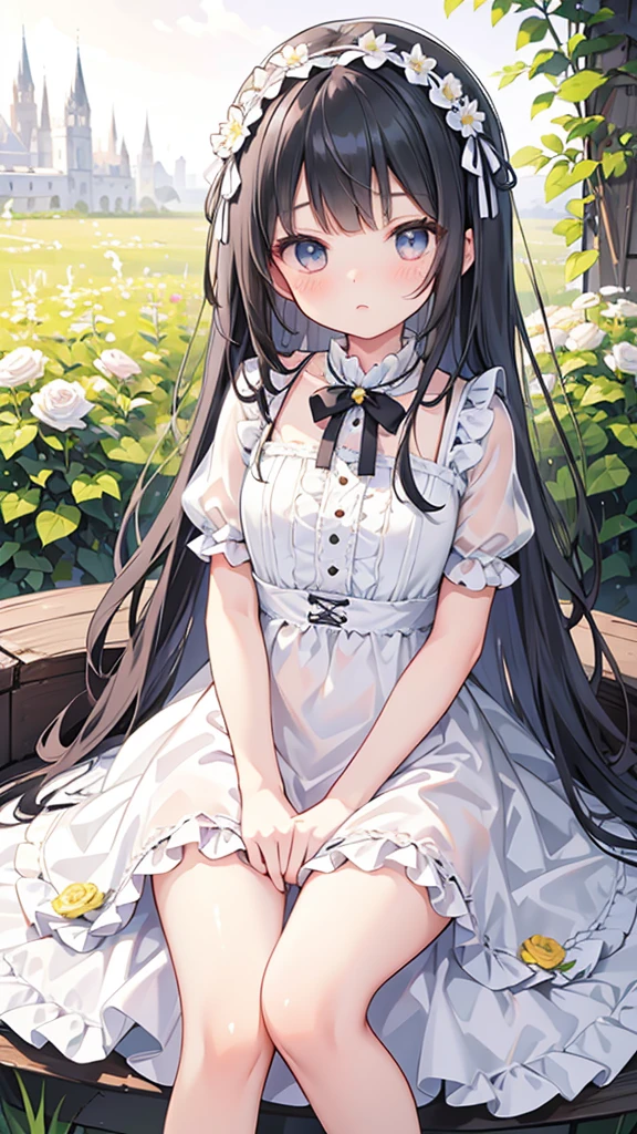a cute young girl in a pastel frill lace dress, garden, tea party, detailed facial features, beautiful detailed eyes, beautiful detailed lips, extremely detailed face and intricate lace dress,, black hair, straight hair, silky hair, grey eyes, pouting, jealous, full body
