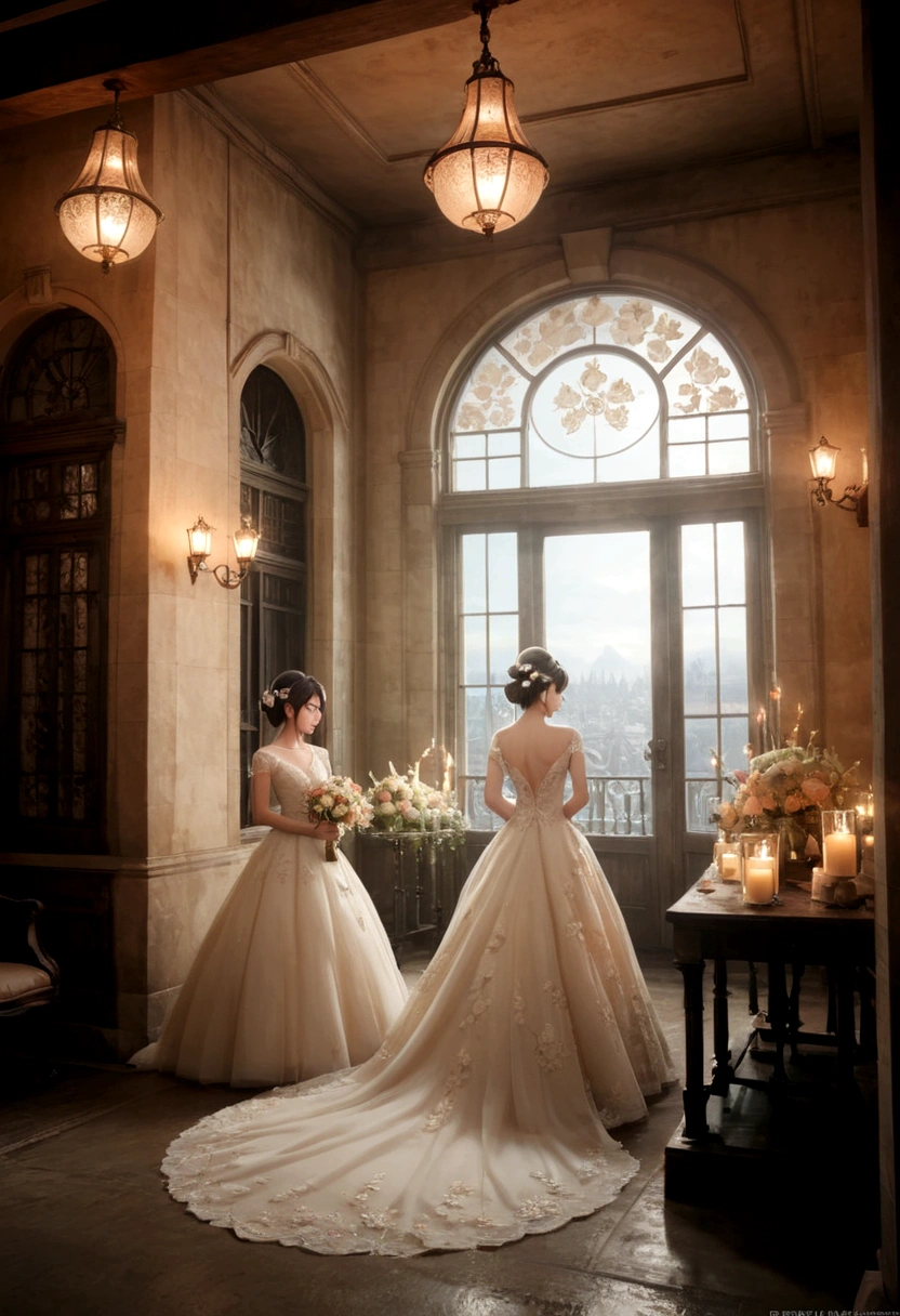 a beautiful elegant wedding between kay kamiya and misty from the pokemon series, detailed floral decorations, romantic candlelight, emotional expressions on their faces, high resolution, photorealistic, muted color palette, natural lighting, cinematic composition, highly detailed, intricate dress designs, delicate lace accents, stunning background scenery, magical realism, soft focus, warm tones