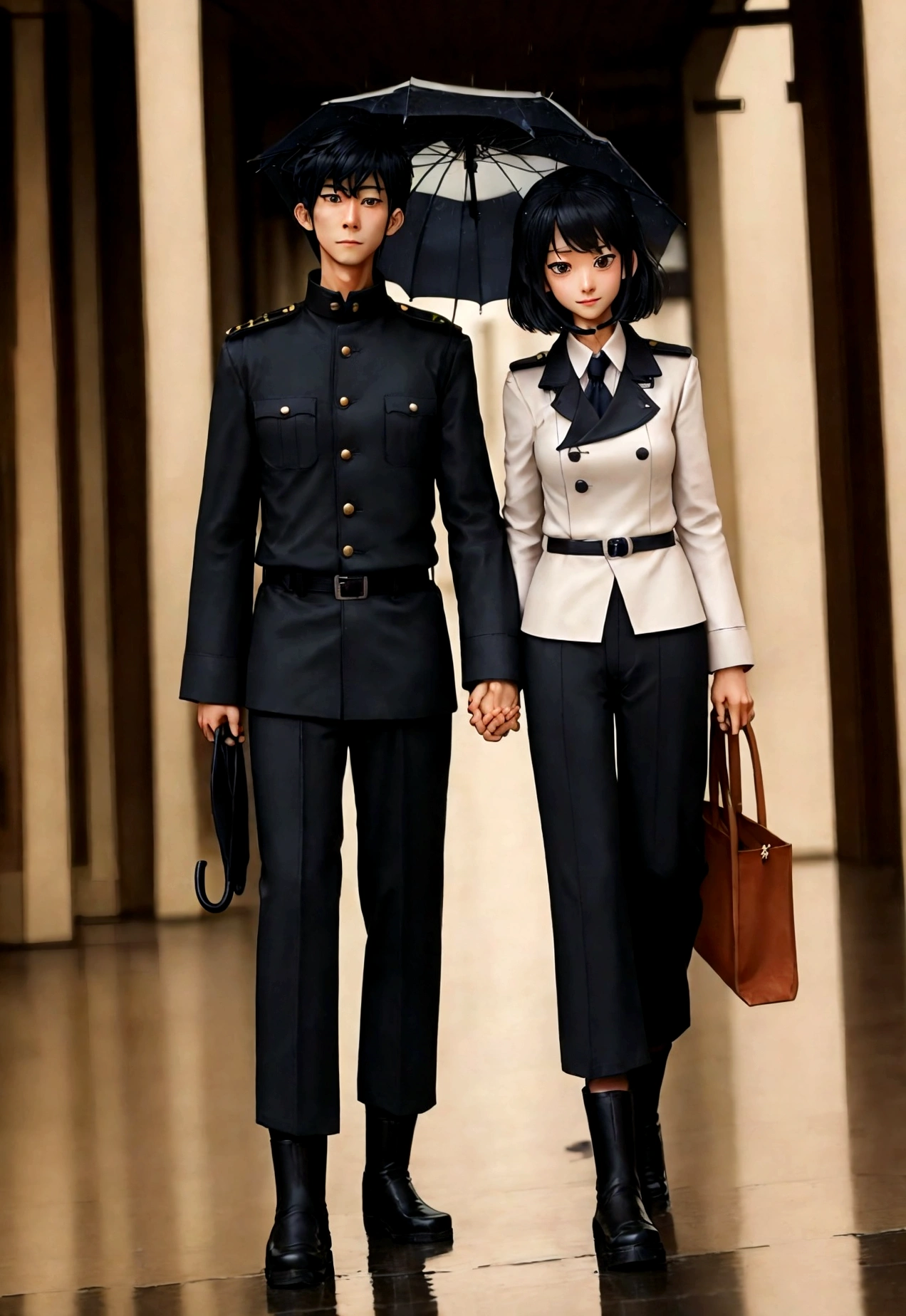 Uniform cartoon，A man of one，With an umbrella，Wear rain boots，Roll up the trouser legs，Walking，Holding hands with a beautiful woman，Walk the streets