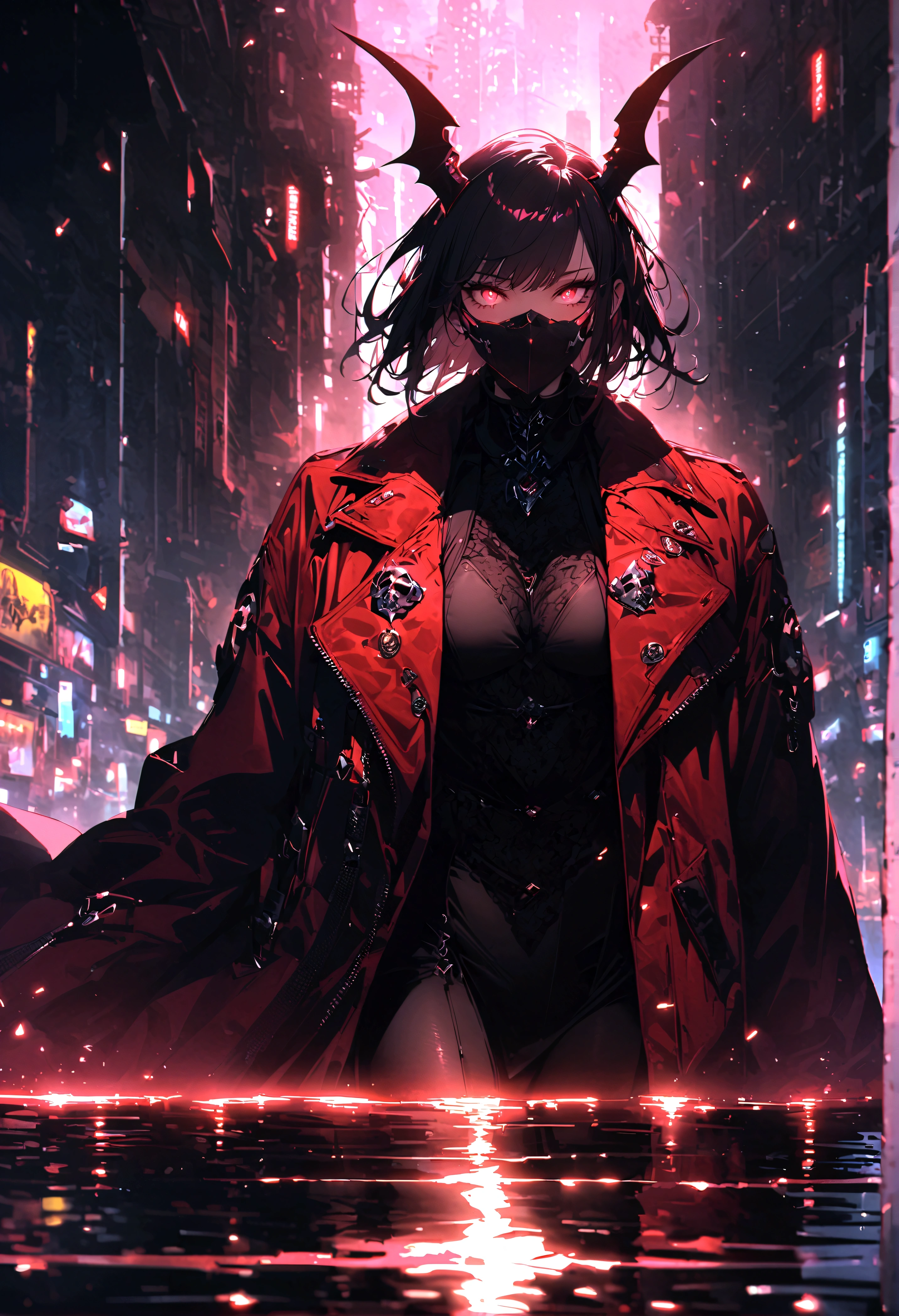 score_9、score_8_up、score_8_up、1 girl、Portrait、Depth of written boundary、born、Real、Pause、Sexy Girls、bangs、Thick thighs、Natural Breasts、make、Red glowing eyes、Demon Maskを着用、((Demon Mask))、((Medium Full Shot))、masterpiece、Super detailed、Wearing a Cyberpunk Samurai Jacket、Background to the vandalism