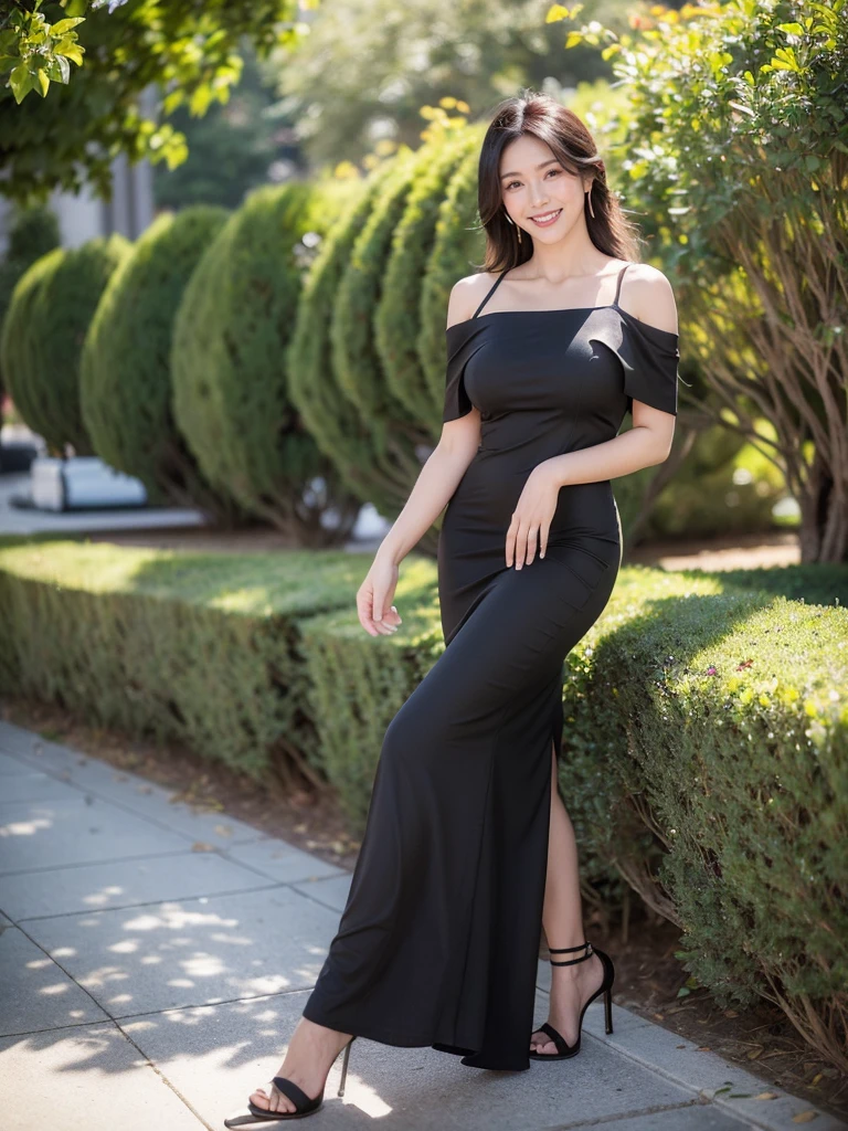 最high quality, 8K, Masseter area, Energetic, Clear focus, high quality, high resolution, Delicate face, Fine particles, thick lips, (Looking at the audience), Solitary, Beautiful woman, 38 years old, Plum, Black hair,  (Off-shoulder spaghetti strap dress:1.5), afternoon、In front of the park garden,（Standing in the park：1.5）、((Smile:1.5))、((Wearing black high heels))，Tall