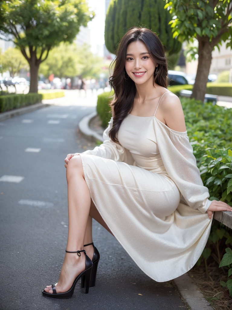 最high quality, 8K, Masseter area, Energetic, Clear focus, high quality, high resolution, Delicate face, Fine particles, thick lips, (Looking at the audience), Solitary, Beautiful woman, 38 years old, Plum, Black hair,  (Off-shoulder spaghetti strap dress:1.5), afternoon、In front of the park garden,（Standing in the park：1.5）、((Smile:1.5))、((Wearing black high heels))，Tall