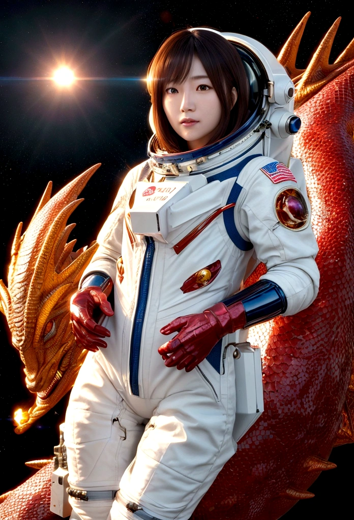 Ultra-realistic full body beautiful Japanese woman, masterpiece. Beautiful cinematic, realistic character. Ultra-detailed and intricate 3D rendering, vibrant details. Woman in spacesuit without helmet, full body, hair floating in space, in zero gravity. Red dragon surrounding the woman, dragon gazing at her. Shining sun, countless sparkling stars.
