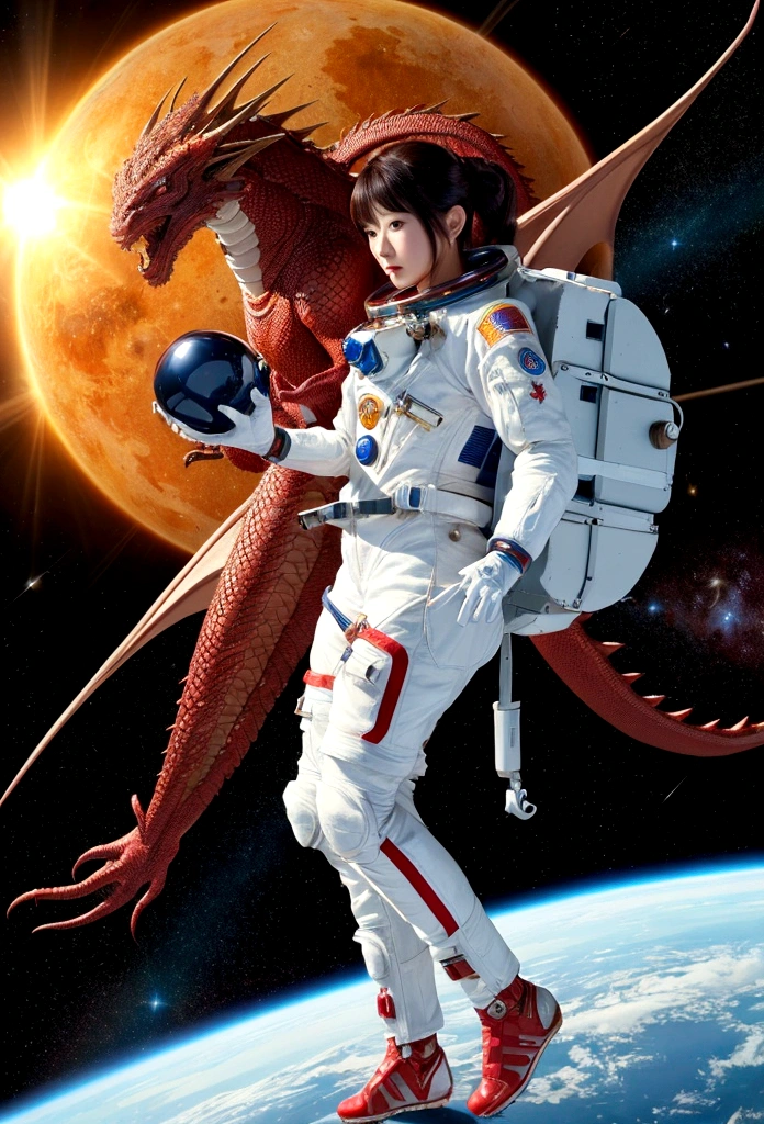 Ultra-realistic full body beautiful Japanese woman, masterpiece. Beautiful cinematic, realistic character. Ultra-detailed and intricate 3D rendering, vibrant details. Woman in spacesuit without helmet, full body, hair floating in space, in zero gravity. Red dragon surrounding the woman, dragon gazing at her. Shining sun, countless sparkling stars.
