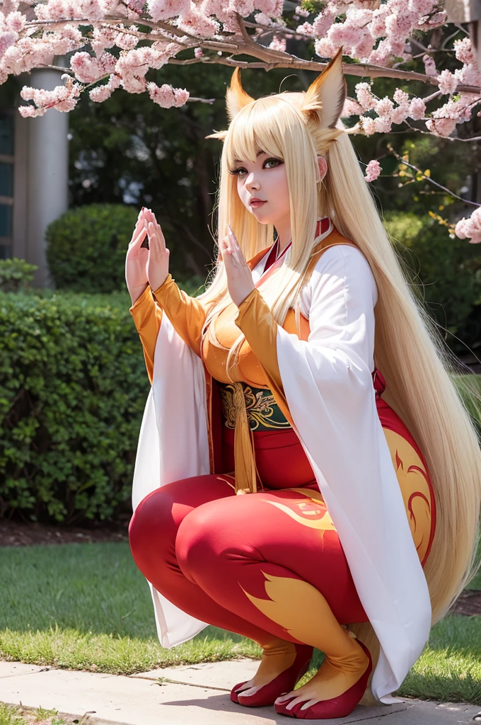 (((Super Obese))), (((Nine Tails))), Dynamic, 1. "At a cosplay event, a buxom woman cosplaying as a nine-tailed fox wears a long silver wig, large gold contact lenses, and an ornately embroidered kimono. A handmade set of nine tails glitters behind her, and a shrine with blossoming cherry trees spreads out around her. ((Raising hands)), ((Squatting)), With her hands raised, she looks down in a squatting position, captivating the audience. Many photographers are trying to capture her stunning cosplay."