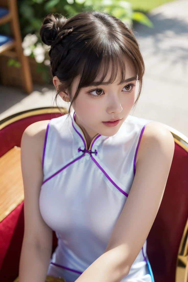 High-quality full-body photos、Best Quality, masutepiece, Hi-Res, One girl, Wearing white cheongsam, No jewelry, Beautiful face, Inserting a into the_Body, Tindall Effect, Photorealistic, Dark Studio, Daylight，The slit on the side is up to the waist，You can see the valley in front,It's sticking out,Full body image from the front at an angle,fullbody image,