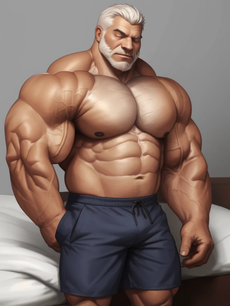 solo, 1boy, Huge Muscular Old man sleeping in bed , pectoral, thick arms, huge pectoral, wide pectoral, short white hair, short pants and shirtless, clean face, simple background, masterpiece, semirealistic:1.2, high detailed, 8k, high resolution