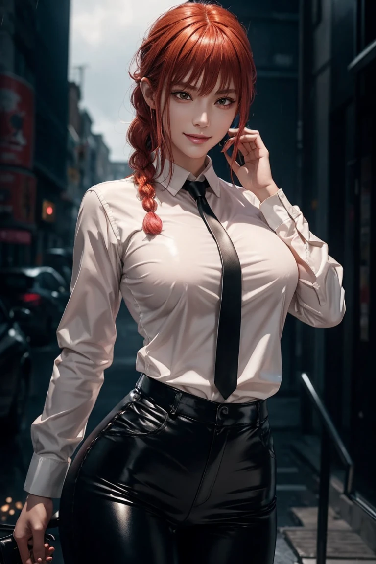 Chainsaw Man,Makima,With bangs,Red Hair,Braids at the back,Golden Eyes,White long sleeve shirt,Black tie,Black Leather Pants,Ultra HD,super high quality,masterpiece,Digital SLR,Photorealistic,Detailed details,Vivid details,Depicted in detail,A detailed face,Detailed details,Super Detail,Realistic skin texture,Anatomical basis,Perfect Anatomy,Anatomically correct hand,Anatomically correct fingers,Complex 3D rendering,Sexy pose,Rainy Sky,Beautiful scenery,Fantastic rainy sky,Picturesque,Pink Lips,smile,