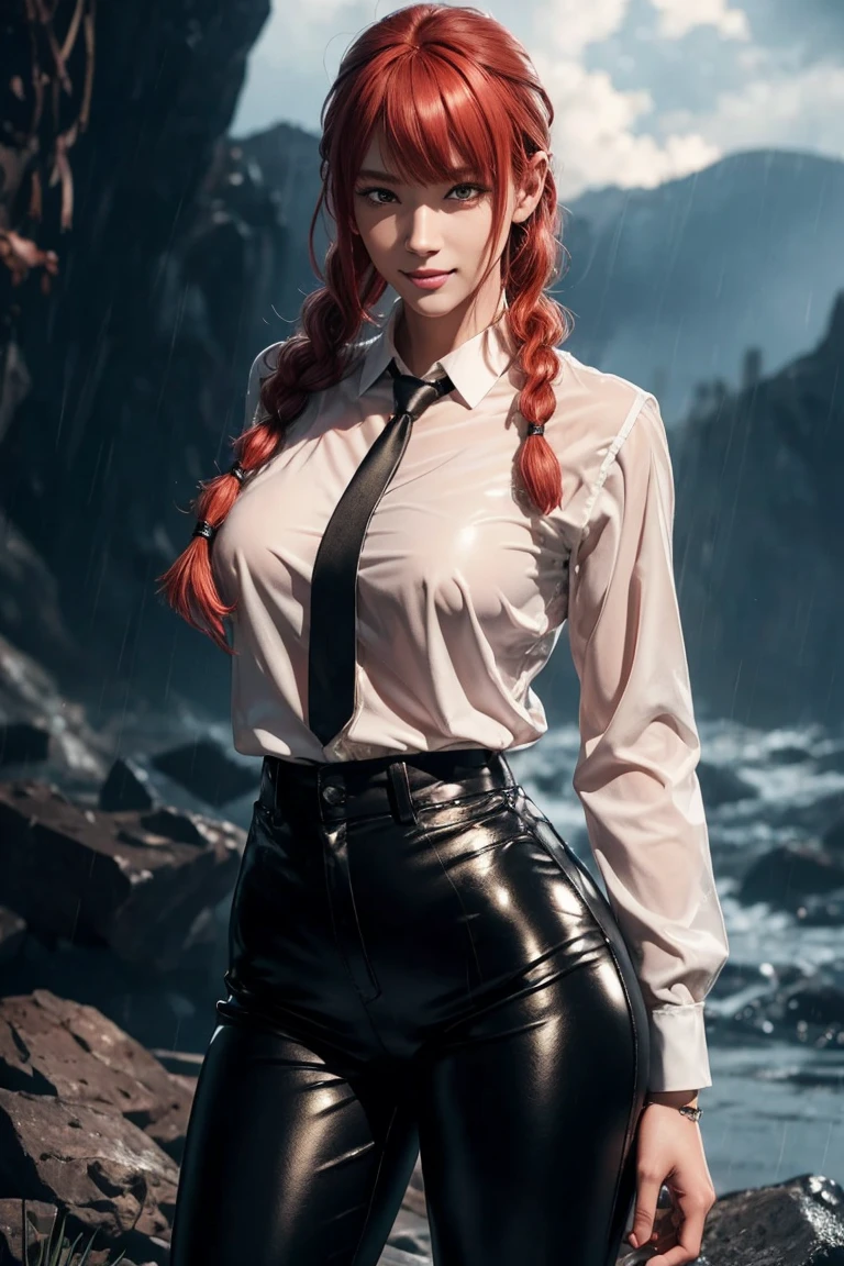 Chainsaw Man,Makima,With bangs,Red Hair,Braids at the back,Golden Eyes,White long sleeve shirt,Black tie,Black Leather Pants,Ultra HD,super high quality,masterpiece,Digital SLR,Photorealistic,Detailed details,Vivid details,Depicted in detail,A detailed face,Detailed details,Super Detail,Realistic skin texture,Anatomical basis,Perfect Anatomy,Anatomically correct hand,Anatomically correct fingers,Complex 3D rendering,Sexy pose,Rainy Sky,Beautiful scenery,Fantastic rainy sky,Picturesque,Pink Lips,smile,