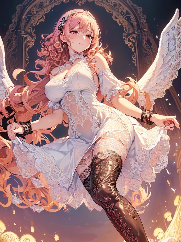 ((Highest quality)),(Ultra-high resolution),(Very detailed),(Detailed Description),((The best CG)),(A masterpiece),Ultra-detailed art,Amazing painting art,(Works with precise details:1.5), (1 female:1.6),(Beautiful and well-proportioned face:1.5),(Curly Hair:1.6),(Intricately detailed lace dress:1.8),Fine jewellery with exquisite detailing:1.5,Waist Accessories:1.5,Look at me and smile:1.5, See-through nipples, Angel Girl, ((Magnificent white angel wings on his back:1.2)), Mature Woman,Descended into the church,(Pastel colored hair:1.3),(Red and black long high heel boots:1.4), (garter belt), (stockings)、 (Floating in the sky with magical powers:1.2),(Floating skirt:1.5), (Embarrassed expression, blush:1.2),(bracelet),(heart choker)