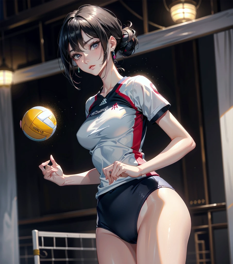 absurdres, RAW photo, extremely delicate and beautiful, masterpiece, Best Quality, ultra high resolution, 32k, hyperrealistic, ultra-detailed, Very detailed CG 8k wallpaper, Beautiful Lighting, Perfect Lightning, Realistic Shadows, perfect ???????, super Detailed skin, Japanese woman, late 20s, very Slim body, narrow waist, very small head, handsome detailed woman, very detailed eyes and face, realistic face proportions, Stunning detailed eyes, Realistic beautiful face, very small face, Realistic small beautiful eyes, tearful mole, earring, beautiful and very thin legs, beautiful and very thin thighs, very huge round ???????, medium hair, black hair, full body shot, (volleyball uniform:1.2),