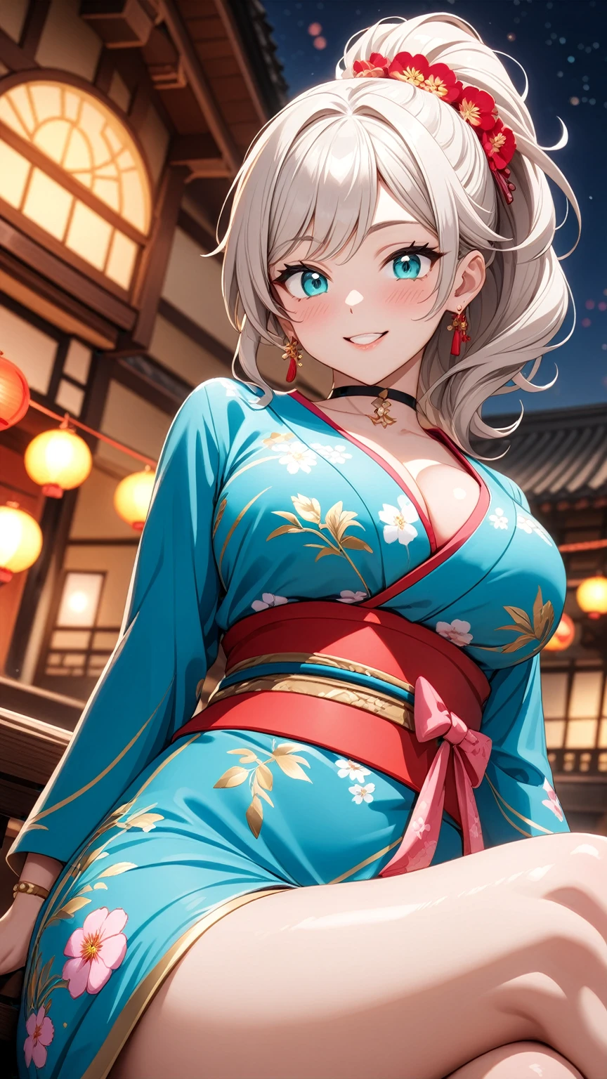 ((One personの女性)), Beautiful Face,(Laughing embarrassedly), (naughty face:1.2), ((Wink:1.9)), (head tilt:1.3), Laughing with your mouth open, upper teeth, ((Bright red cheeks:1.4)),Glossy pink lips, ((crossed legs:1.3)), ((thigh focus)), (showing panties:1.3)), looking down at viewer,Touching hair with hands,looking at viewer,Shining Face, rooftop, Festival decorations, firework, ((Anime style background)),masterpiece, Highest quality, so beautiful,up to date, Complex details, (Pink long nails),(ring),(bracelet),(choker),AI-generated, Complex,High resolution, Highest quality, super high quality,3D Images、3D Images,One person,Long blonde hair,ponytail, wavy hair ,Anime woman posing for a photo, ((Fine grain、Turquoise Eyes、Shining Eyes:1.3)), (Squint your eyes:1.1),a hyperRealistic , hyperRealistic , Realistic,Anime woman with long white hair, Smooth anime CG art, A woman in a colorful kimono with gold embroidery, (Pink long sleeve kimono),Red floral pattern,Long flower hair ornament,Earrings,Mature Body,(Big Breasts:1.1),Tall,Abdominal muscles,Tight waist,(Zoom up to face:1.1), ((from the side and slightly from below)),