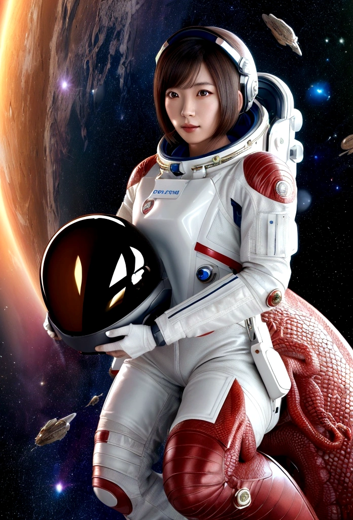 Ultra-realistic full body beautiful Japanese woman, masterpiece. Beautiful cinematic, realistic character. Ultra-detailed and intricate 3D rendering, vibrant details. Woman in spacesuit without helmet, full body, hair floating in space, in zero gravity. Red dragon surrounding the woman, dragon gazing at her. Shining sun, countless sparkling stars.