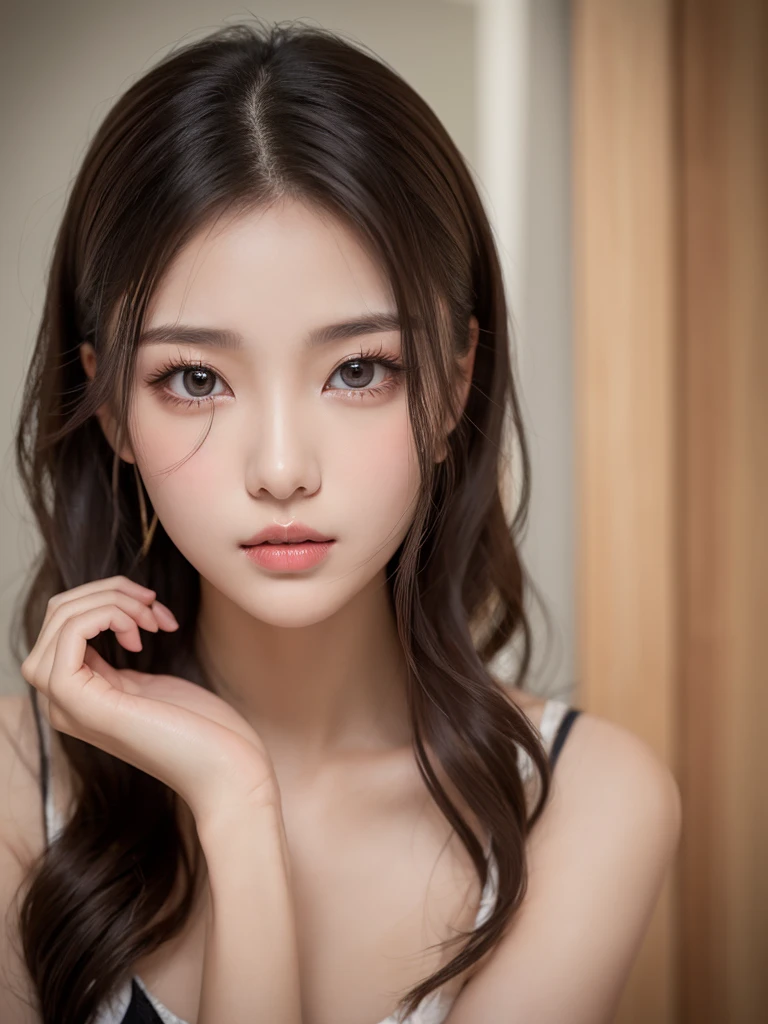 It features a young woman with long, wavy, dark hair that falls over her shoulders.。She has delicate heart-shaped features、Cheeks slightly red、The lips are slightly open and plump。Her skin is smooth and fair、Gives an elegant and fantastic impression。Big, expressive eyes、Framed by strong eyebrows、It's subtly accentuated with light pink eyeshadow and mascara.。She wore a simple white spaghetti strap top.、It enhances the overall simplicity and elegance。The background is minimal and blurred.、The soft lighting highlights her facial features and hair texture.。The lighting is soft and diffused.、The front lighting creates a soft, intimate feel for her face and hair.。The scene has no noticeable accessories or extras.、The focus is on her natural beauty and serene expression.。This image is a close-up portrait view.、It accentuates her facial features and upper body.。With a vertical aspect ratio、High resolution quality、It captures minute details like individual strands of hair and the subtle texture of skin.。