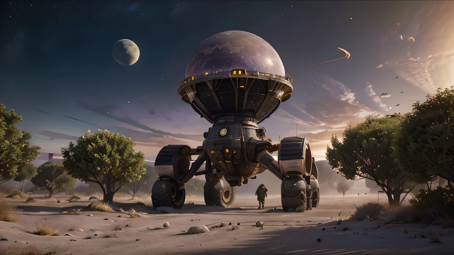 Visualize an alien planet with a purple sky, twin moons, and towering, otherworldly plants. The foreground should feature a group of astronauts in advanced space suits exploring the terrain. Include a futuristic rover and distant alien creatures observing the newcomers.