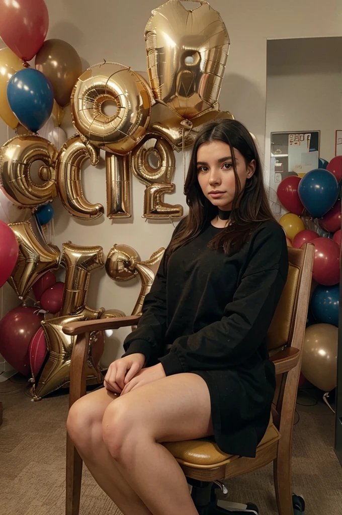 A picture of a woman sitting on a chair surrounded by balloons with the words 29k followers