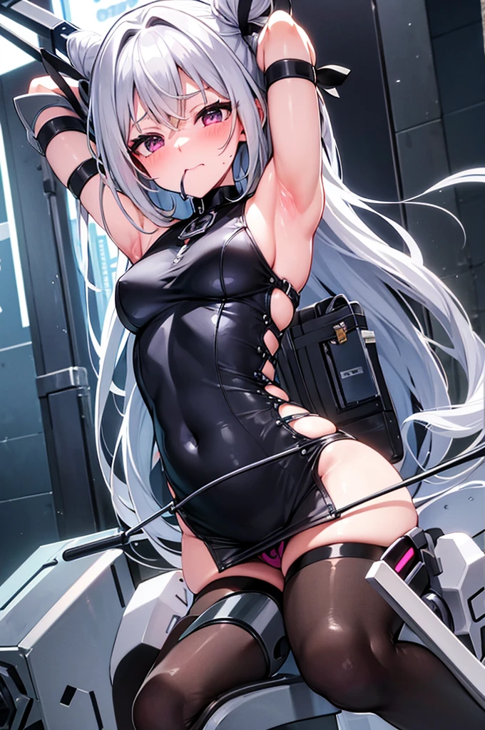 Kanzaki Ranko Silver hair twin drill Limbs restrained by machine Blindfolded Legs spread in M shape Rod-shaped machine thrusting into female genitals Blushing Drooling Armpits Mouth open and drooling Blindfolded Legs spread in M shape