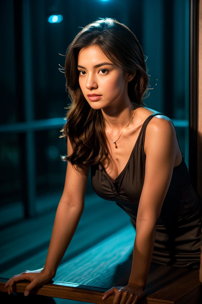 (Photorealistic:1.5, Tabletop:1.5, 8K), (Highest quality, masterpiece, Ultra-high resolution), Perfect dynamic composition, Professional camera work:1.4, Highly detailed skin and facial textures:1.3, Mysterious portrait:1.3, Grow light effect, Ultra-detailed, One Girl, ((Night view from inside the building, Pitch-dark room:0.8, The moonlight at night shines through the glass)), (v neck nightdress), Model Body Type, Clear Face, (Beautiful and Attractionse eyes:0.8, A dreamy look:0.8, I love you dearly:0.8), A taste that exudes beautiful eroticism, Dark brown medium hair, The chest is medium, necklace, (Leaning against the window, Attractions)