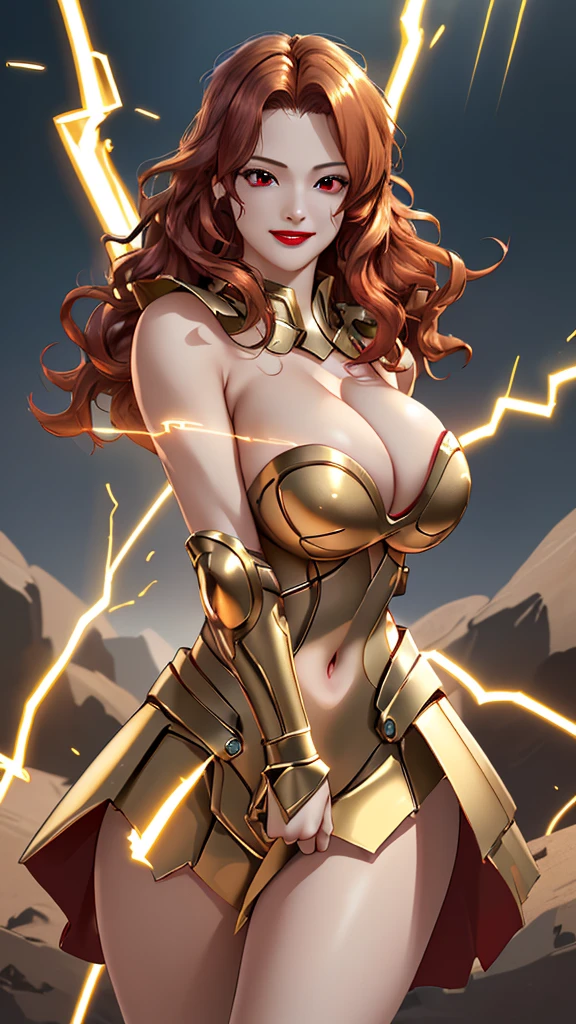 Highest image quality，Outstanding details，Ultra-high resolution，4K image, assembly, best quality, masterpiece, movie lighting ，Sexy，Huge breasts，cleavage，in combat operations，The flash of light in the hand，Golden lightning surrounds，red wavy hair，Red eyes，Lipstick，Gold Armor，Amot hardware has cracks，Smile