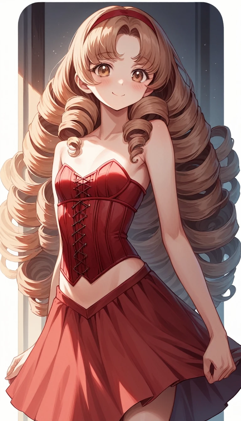 Masterpiece, best quality female, (French),(small breast), (very long curly pink volumetric hair:1.33), (white crinoline inside with red corset outside:1.33), (long red skirt:1.33), flat headband, (detailed beautiful hazel eyes:1.33), detailed blush smiling face, slim body, perfect anatomy, very cute, dynamic pose, showing some leg, perfect shading, dramatic lighting, rendered in 8K resolution for high-quality detail, trending on art station, concept art, smooth, sharp focus, in a saloon, highly detailed, soft natural volumetric, cinematic perfect light, intricate details