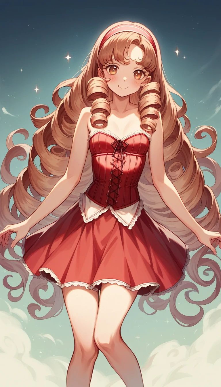 Masterpiece, best quality female, (French),(small breast), (very long curly pink volumetric hair:1.33), (white crinoline inside with red corset outside:1.33), (long red skirt:1.33), flat headband, (detailed beautiful hazel eyes:1.33), detailed blush smiling face, slim body, perfect anatomy, very cute, dynamic pose, showing some leg, perfect shading, dramatic lighting, rendered in 8K resolution for high-quality detail, trending on art station, concept art, smooth, sharp focus, in a saloon, highly detailed, soft natural volumetric, cinematic perfect light, intricate details