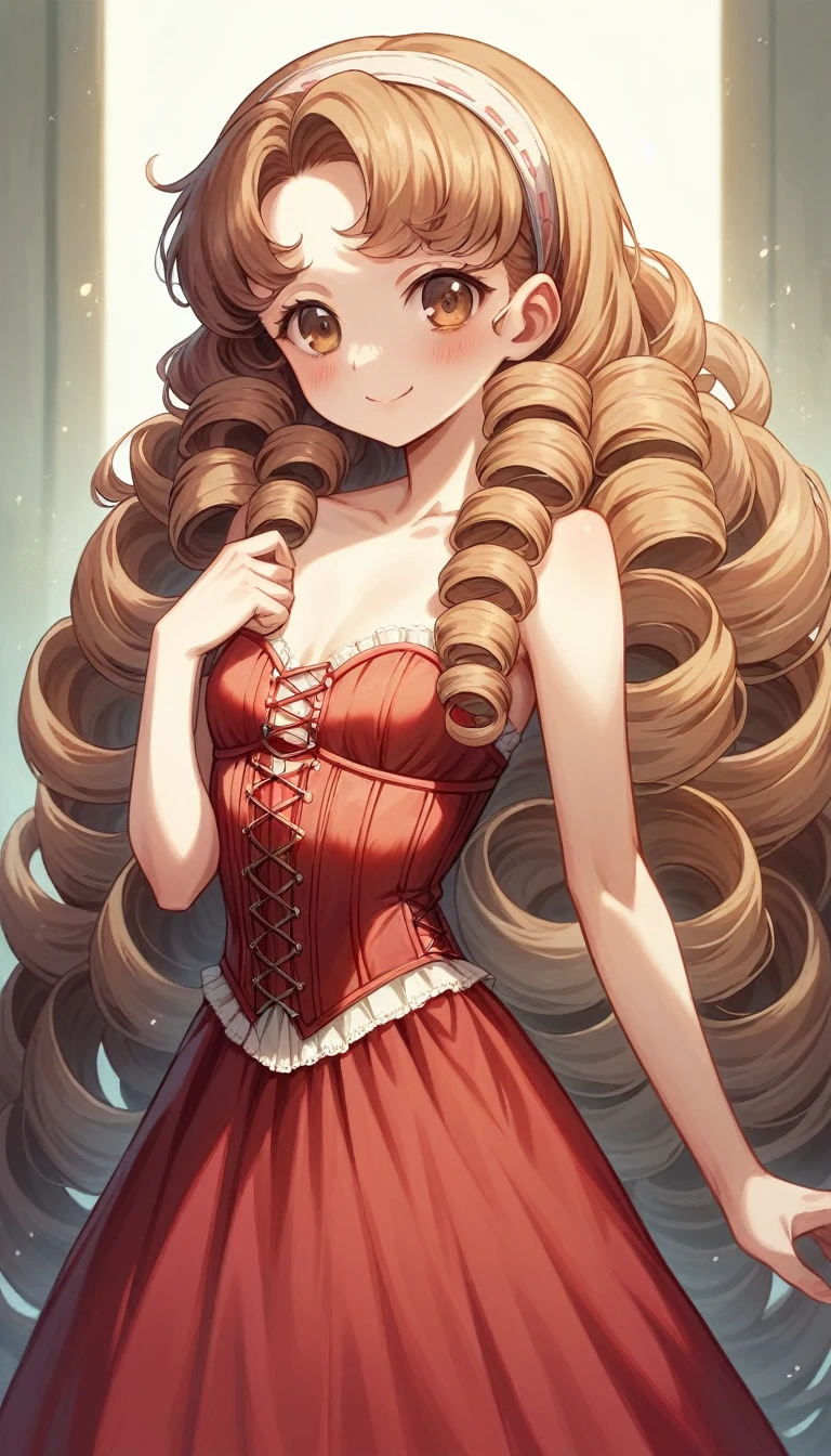 Masterpiece, best quality female, (French),(small breast), (very long curly pink volumetric hair:1.33), (white crinoline inside with red corset outside:1.33), (long red skirt:1.33), flat headband, (detailed beautiful hazel eyes:1.33), detailed blush smiling face, slim body, perfect anatomy, very cute, dynamic pose, showing some leg, perfect shading, dramatic lighting, rendered in 8K resolution for high-quality detail, trending on art station, concept art, smooth, sharp focus, in a saloon, highly detailed, soft natural volumetric, cinematic perfect light, intricate details