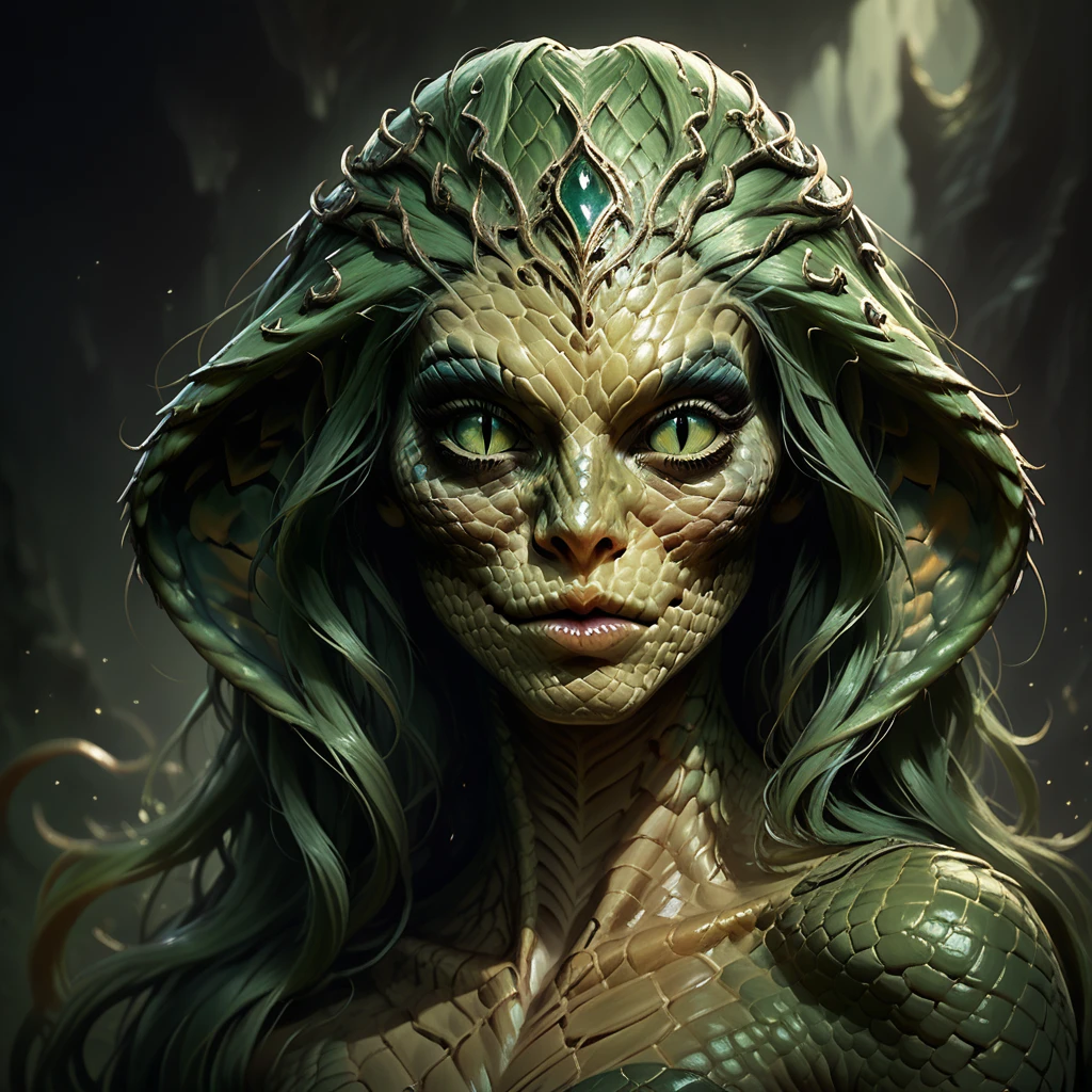 drkpny, score_9, score_8_up, score_7_up, score_6_up, score_5_up, score_4_up, 1girl, naga woman, snake woman, green hair, slit pupils, beautiful eyes, dungeons and dragons, portrait, up close, freckles, long hair, realistic, high quality, detailed, fantasy dark cave background