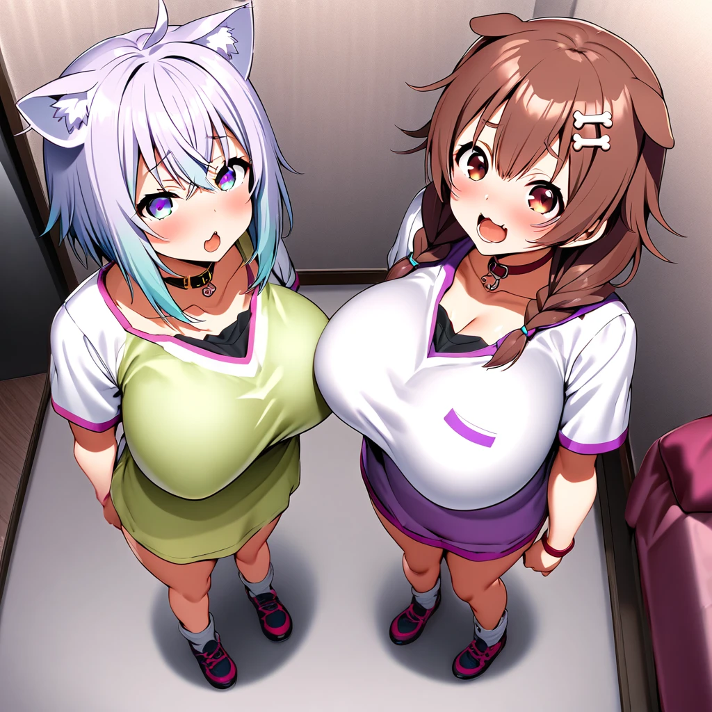 inugami korone,nekomata okayu,2girl,Females in heat,mating season,blush,open mouth,short-sleeved shirtgigantic huge breasts,looking at viewer,Taken from the viewpoint above,upturned eyes,near,standing up,Lined up,pink hotel,in room